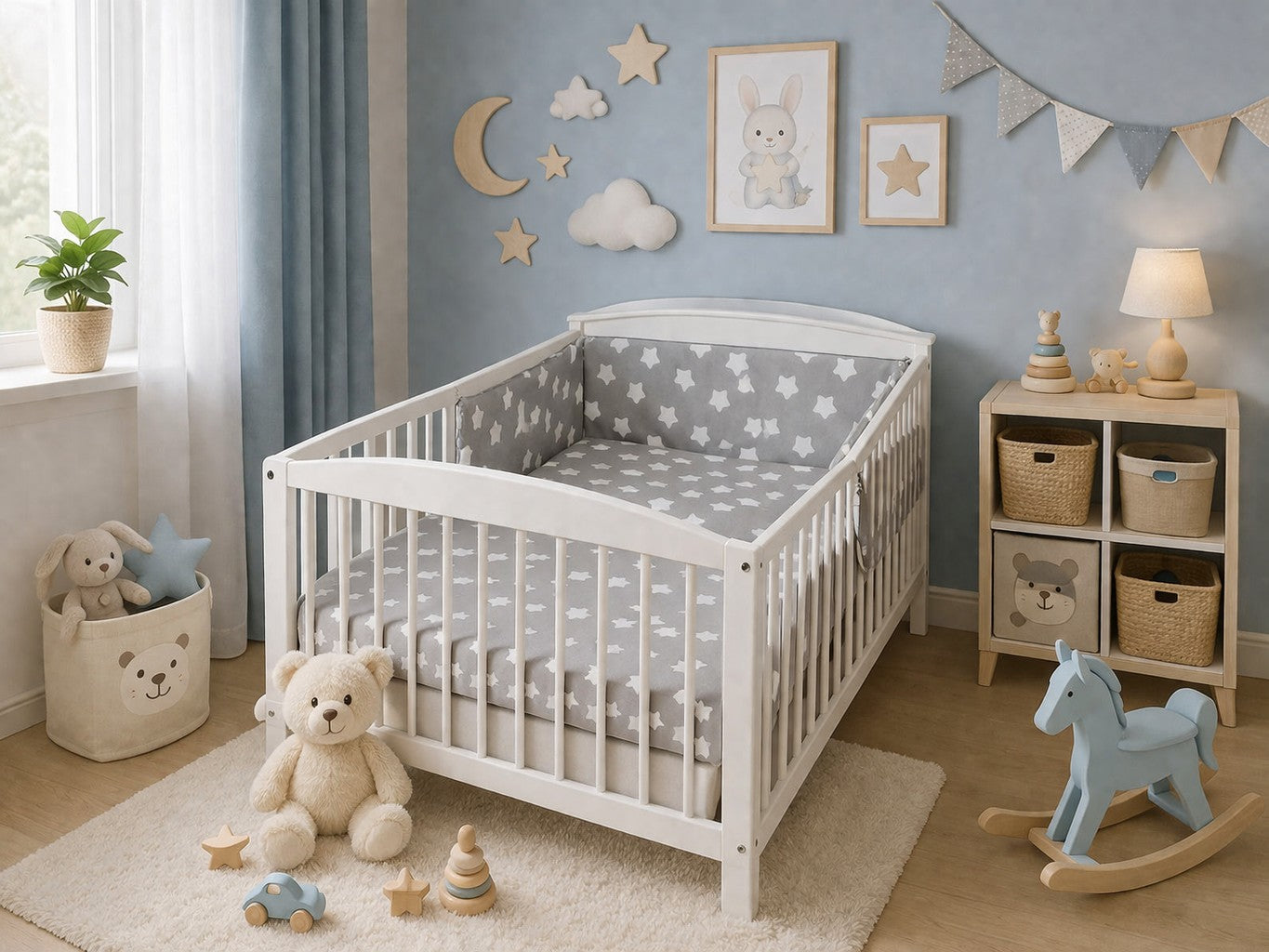 Baby 3Pc Bedding Set Pillow Duvet Bumper Fit Cotbed 140x70cm Big White Stars On Grey - MyHappy Baby