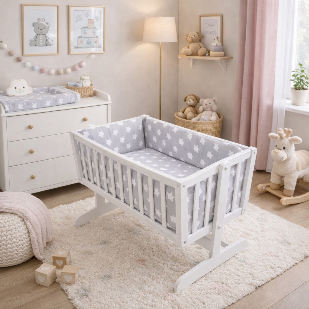 Baby 3Pc Bedding Set Cotton Pillow Case/Duvet Cover/Bumper 70x80cm Big White Stars - MyHappy Baby