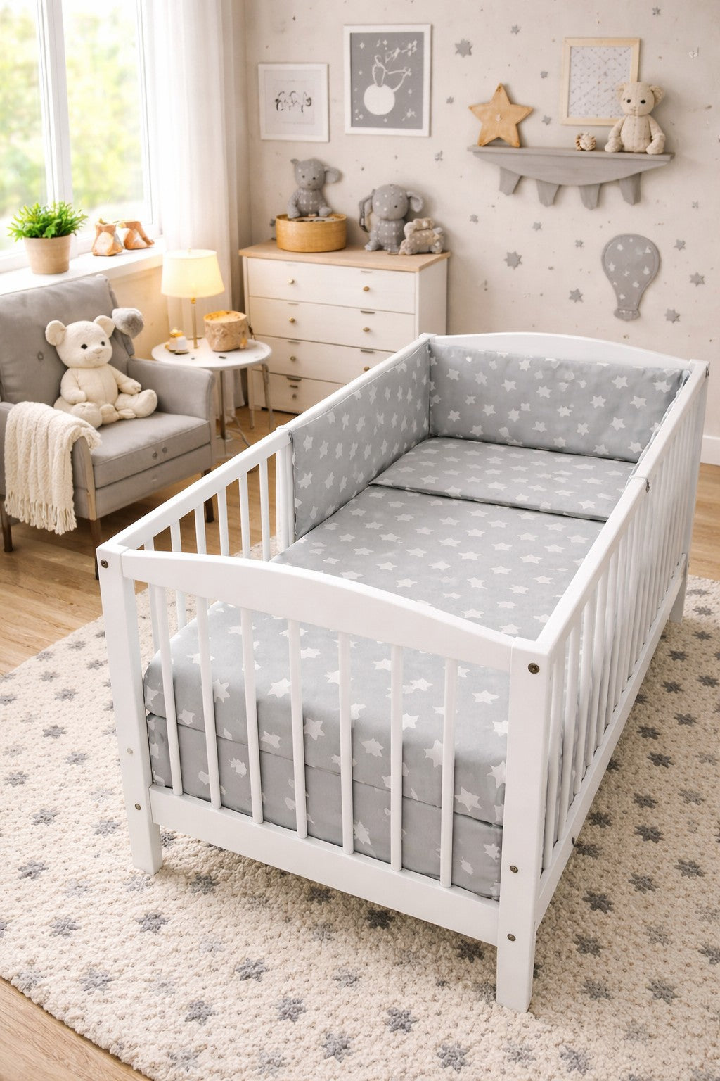 Baby 3Pc Bedding Set Pillow Duvet Bumper Fit Cot 120x60cm Big White Stars On Grey - MyHappy Baby
