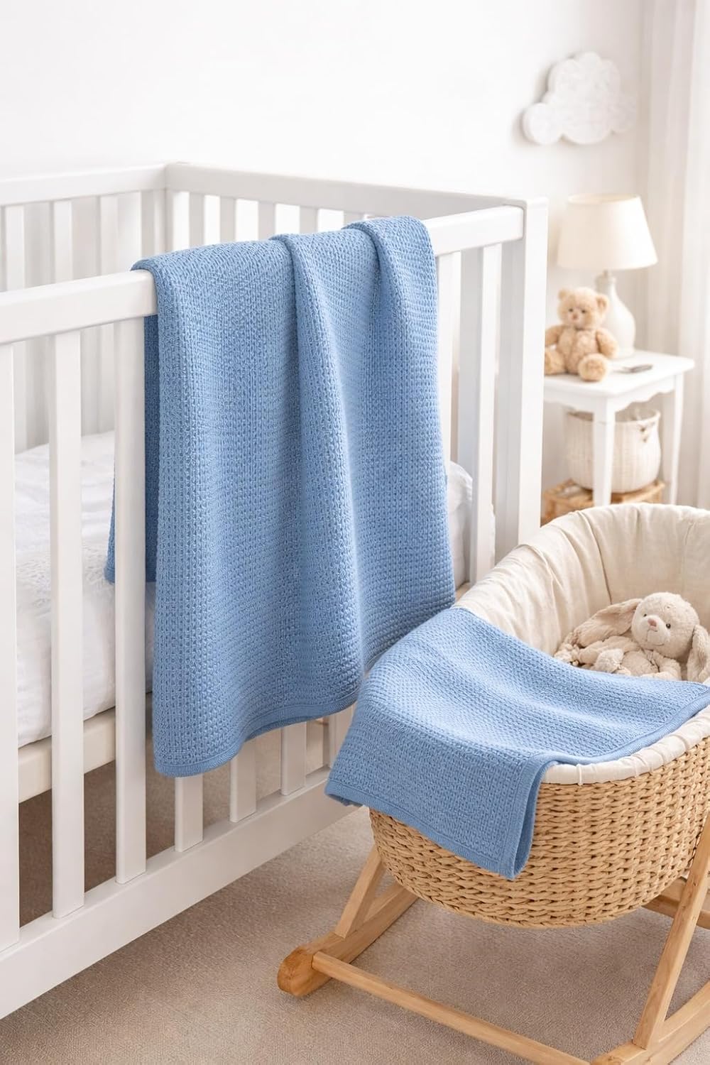 Cellular Baby Blanket 90x70 cm, Safe Nights, Organic 100% Cotton, Pack of 2, Breathable Newborn Blanket, Soft Nursery, Baby Bedding (Blue)