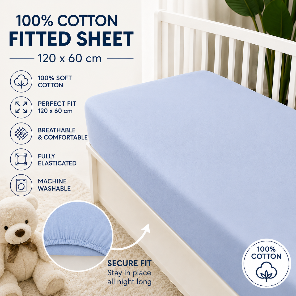 100% cotton fitted sheet for cot 120x60cm nursery baby soft plain style Blue - MyHappy Baby
