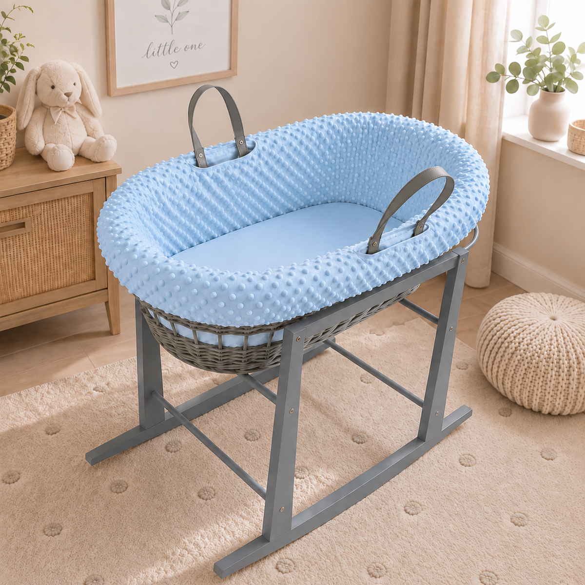 Grey Wicker Moses Basket with Rocking Stand Complete 5-Piece Set (Blue)