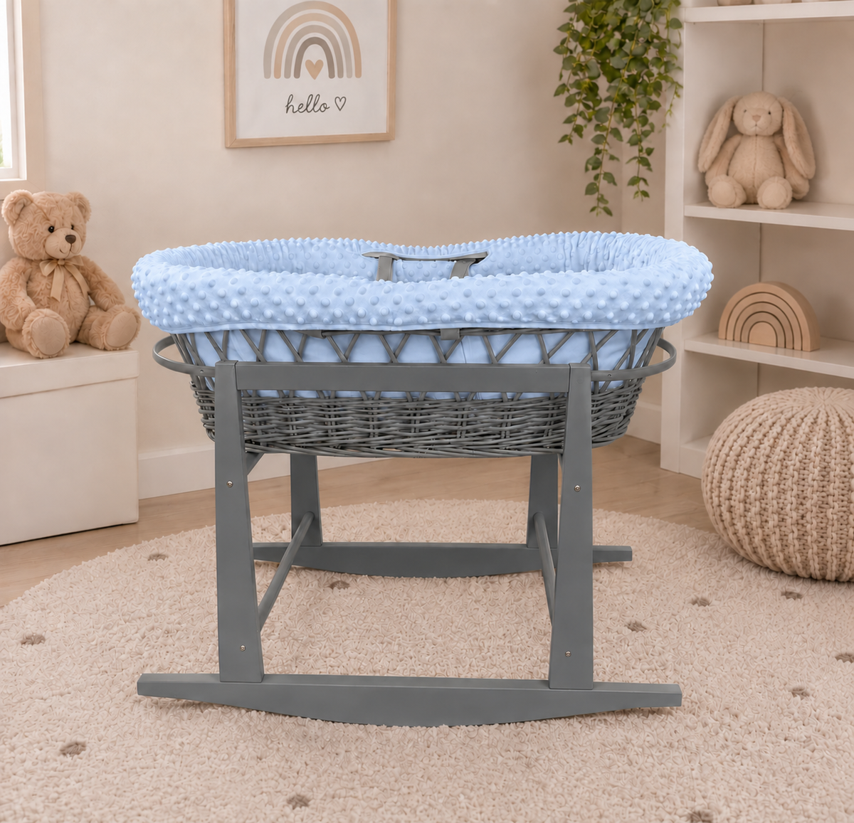 Grey Wicker Moses Basket with Rocking Stand Complete 5-Piece Set (Blue)
