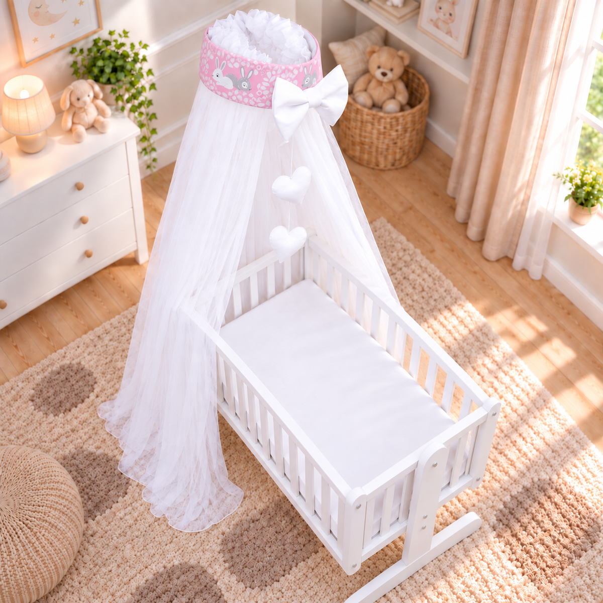 Baby Crib Canopy Mosquito Net with Holder, Decorative Bow & Hanging Hearts – Bunny Pink