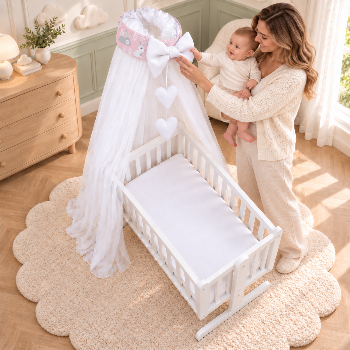 Baby Crib Canopy Mosquito Net with Holder, Decorative Bow & Hanging Hearts – Bunny Pink