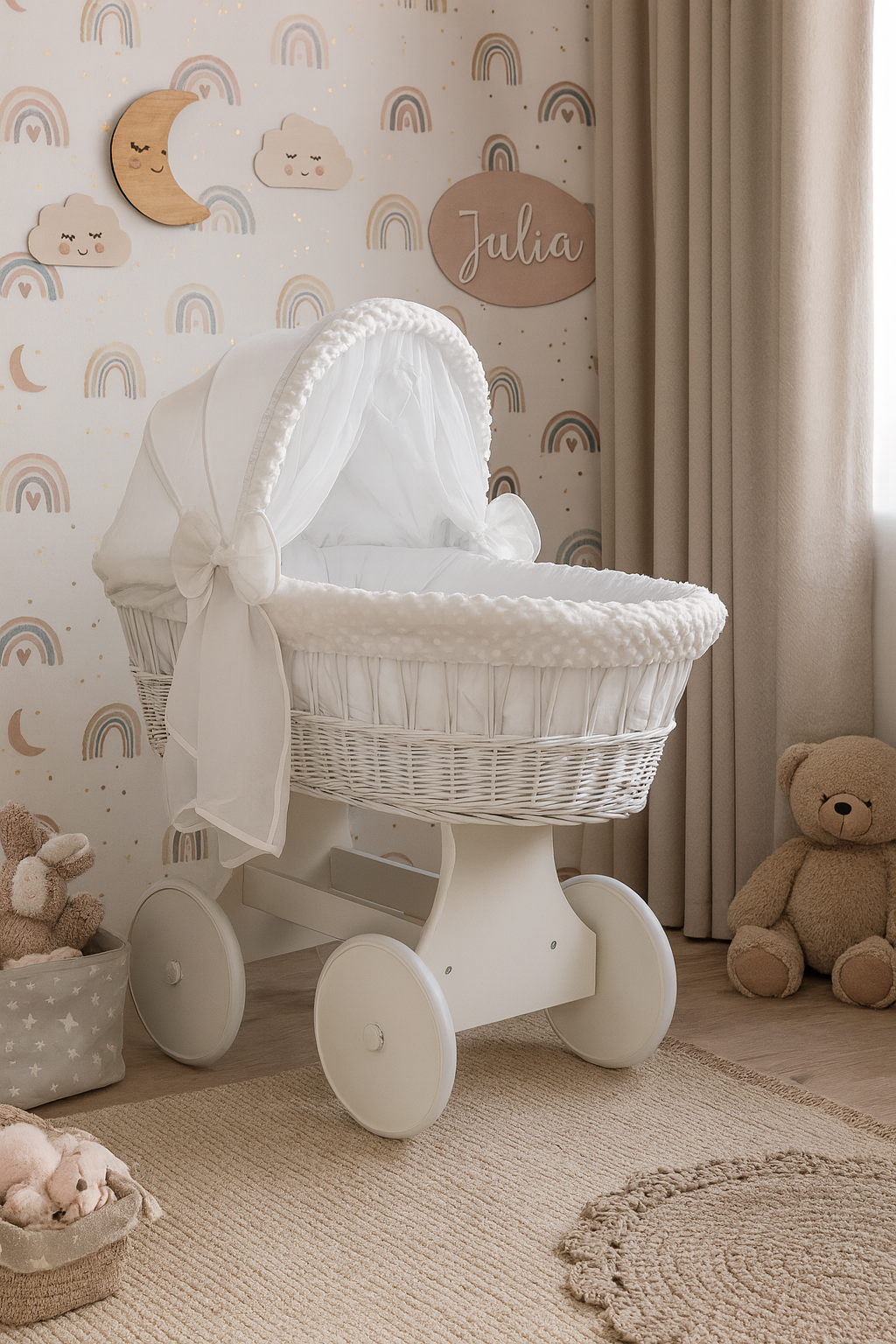 White Wicker Wheels Crib/Baby Moses Basket + Complete Bedding White/Dimple - MyHappy Baby