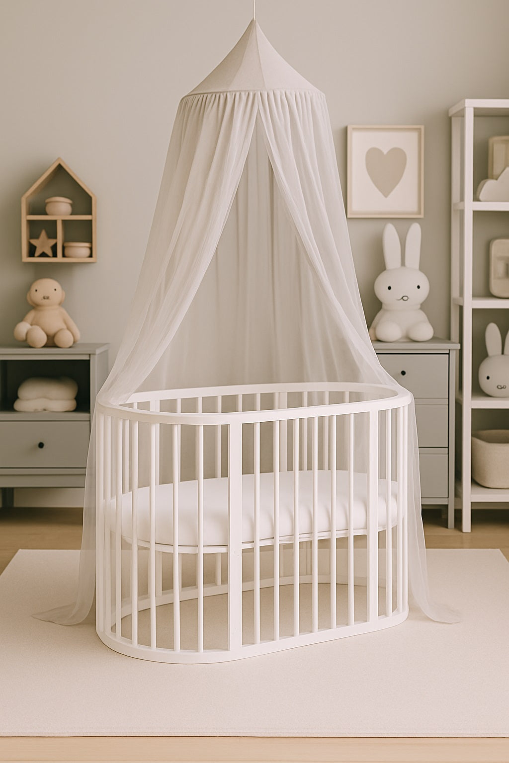 BABYMAM Snoa Oval Baby Cot – White Convertible Crib with Mattress