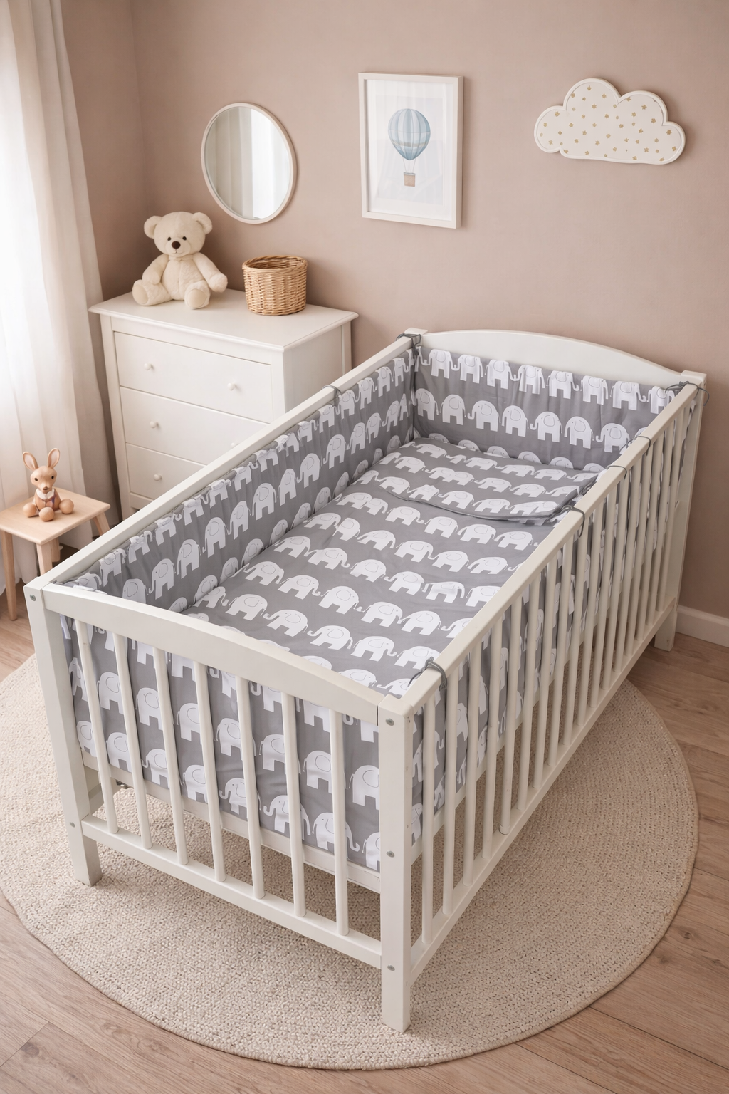 Baby Bedding Set 6pc All-round Fit Cot bed 140x70cm Elephants Grey