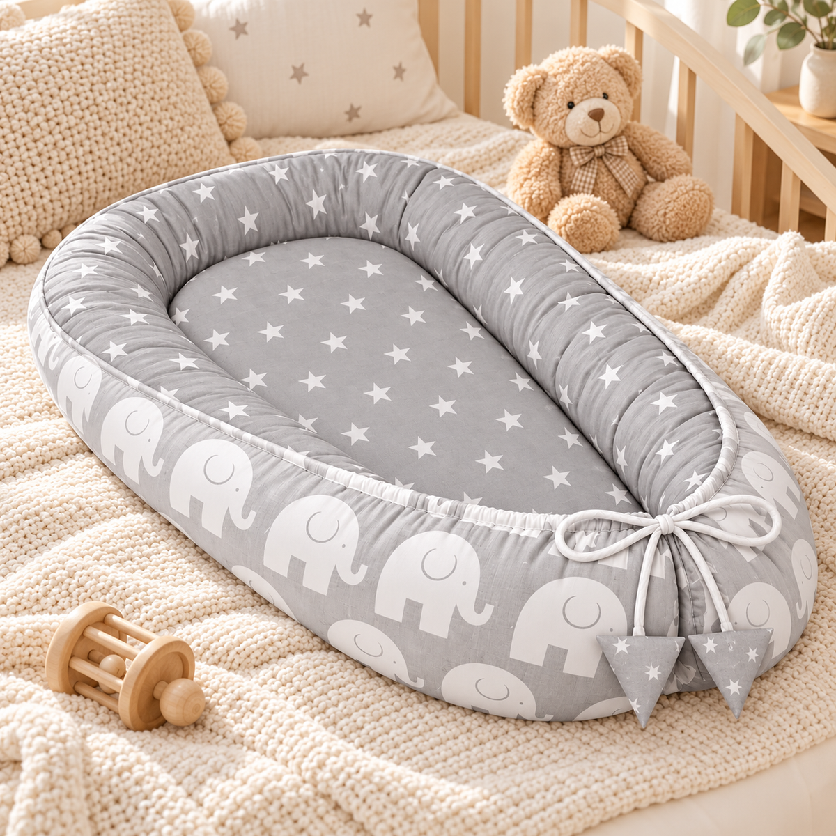 Baby Cocoon Nest Double-Sided Reversible Baby Lounger with Removable Insert Elephants grey/Small stars