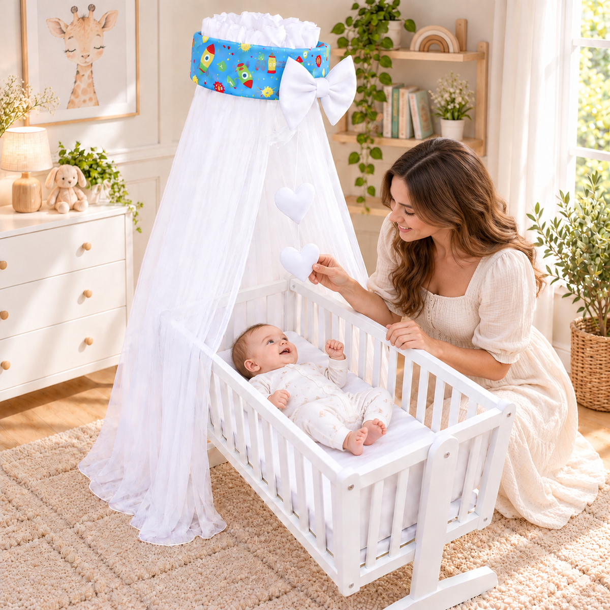 Baby Crib Canopy Mosquito Net with Holder, Decorative Bow & Hanging Hearts – Cosmos