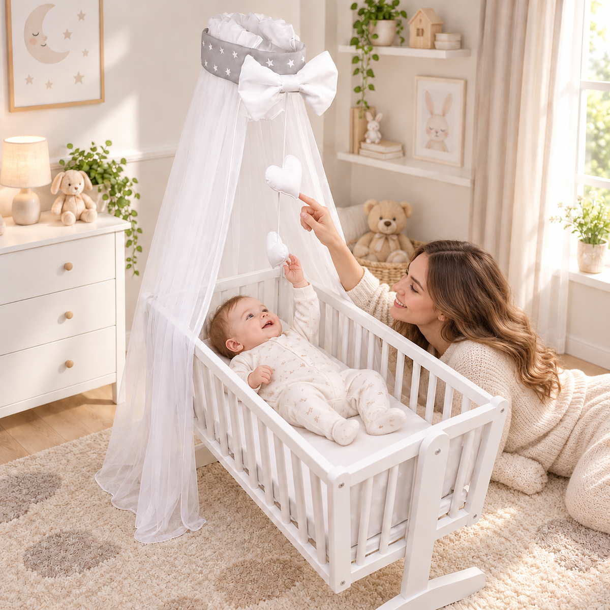 Baby Crib Canopy Mosquito Net with Holder, Decorative Bow & Hanging Hearts – mall white stars on grey