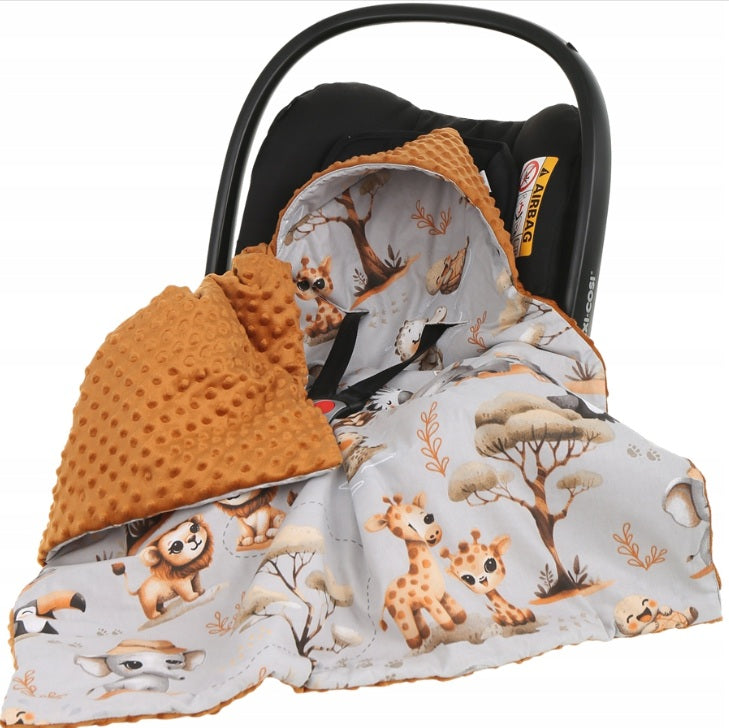 Baby Car Seat Hooded Blanket Double-sided Swaddle Wrap Cinnamon Jungle Adventure Gray