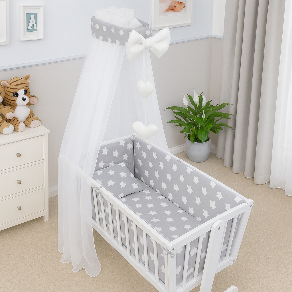 Baby Cot Bedding Set - 10 Piece Including Duvet and Canopy to Fit 90x40cm Crib Big White On Grey - 100% Cotton