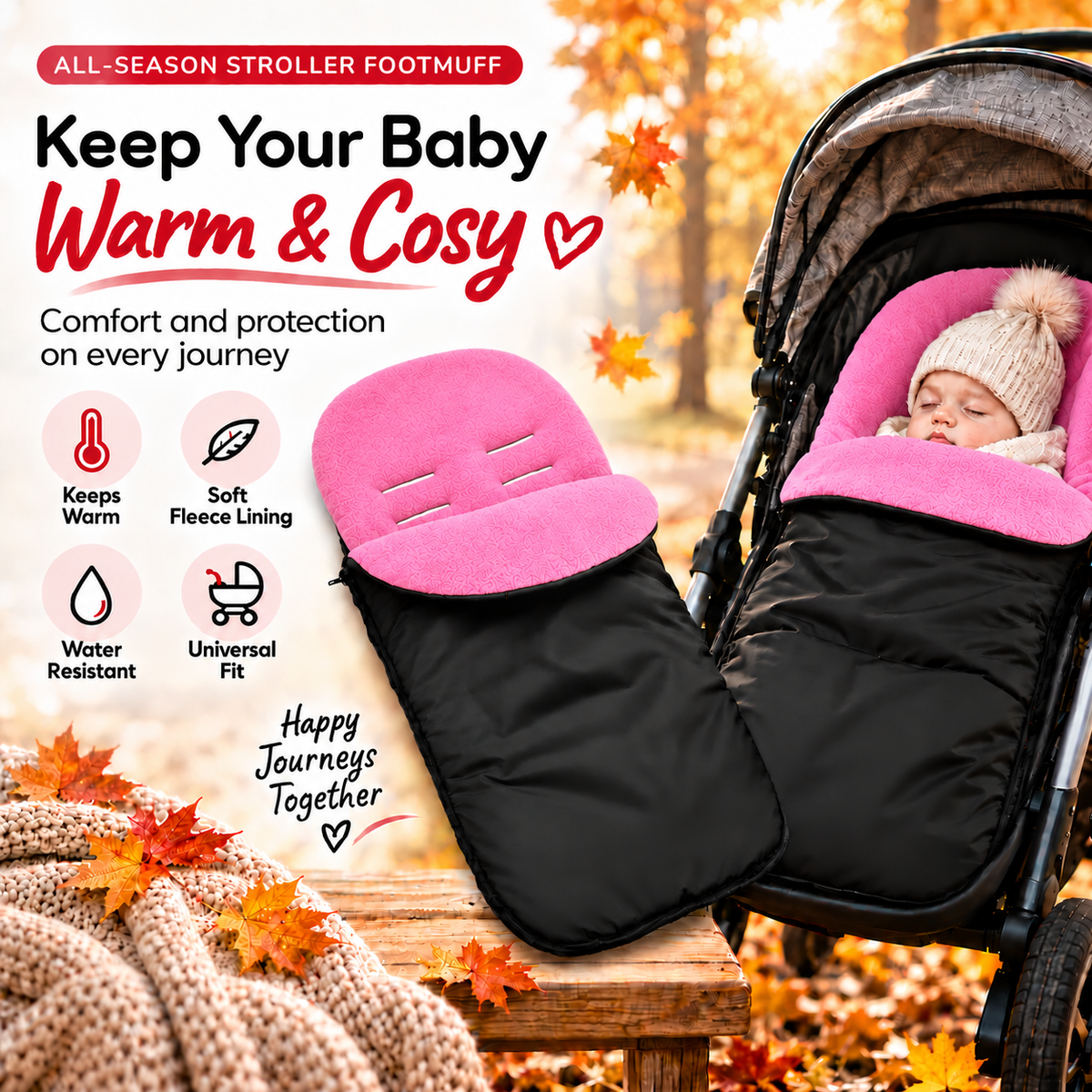 Universal Footmuff Black/ Dark Pink - MyHappy Baby