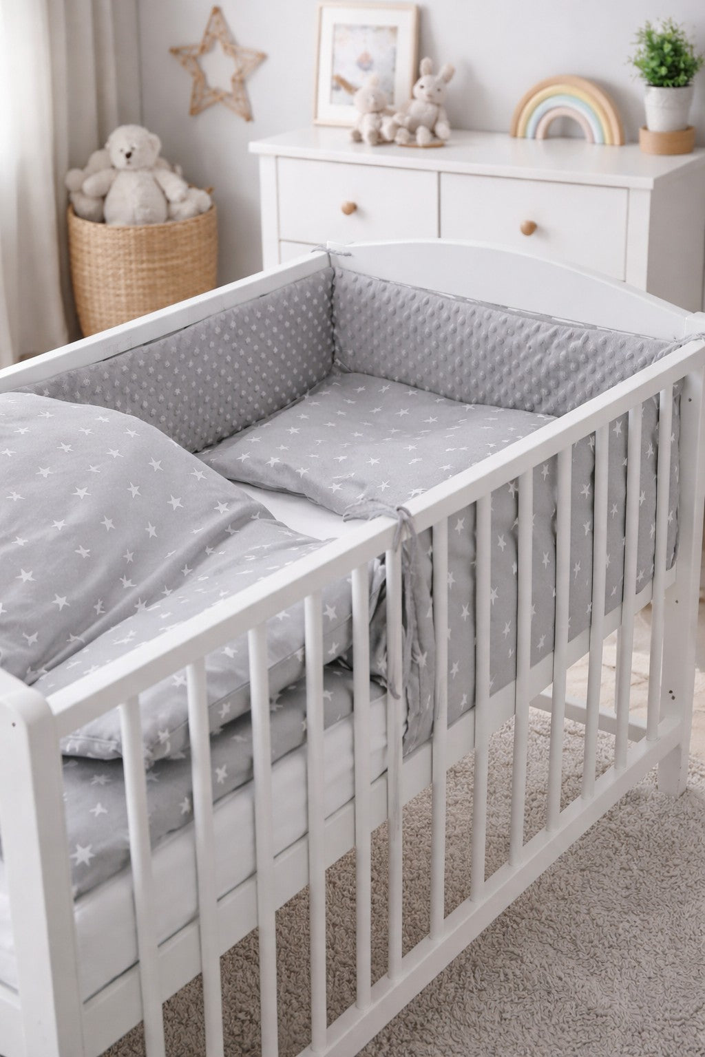 Baby 3Pc Dimple Bedding Set Pillowcase Duvet cover Bumper Fit Cotbed 140x70cm Dimple Grey/ Small White Stars On Grey - MyHappy Baby