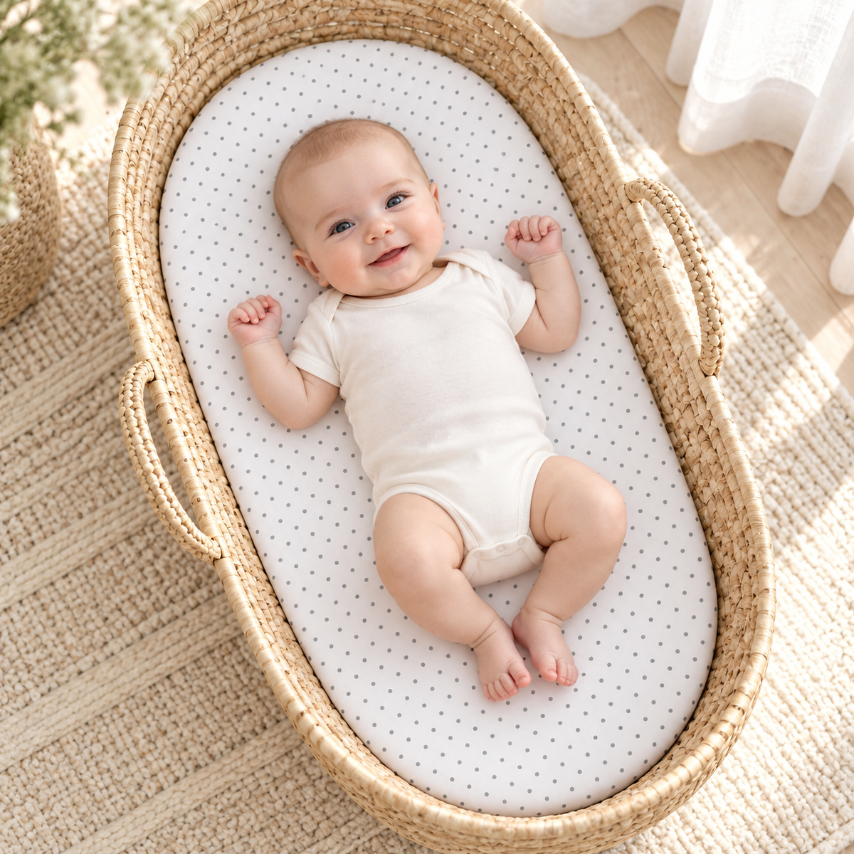 80x38cm Fitted Sheet for Baby Moses Basket Pram 100% Cotton Small grey dots