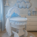 White Wicker Wheels Crib/Baby Moses Basket + Complete Bedding Blue/Cotton