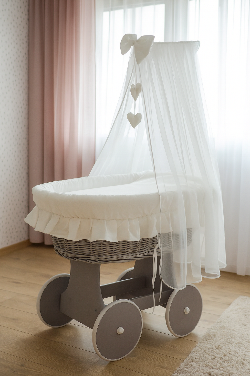 Grey Wicker Wheels Moses Basket Baby+Full Bedding Set White Cotton
