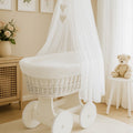 White Wicker Moses Basket with Wheels & White Dimple Bedding Set