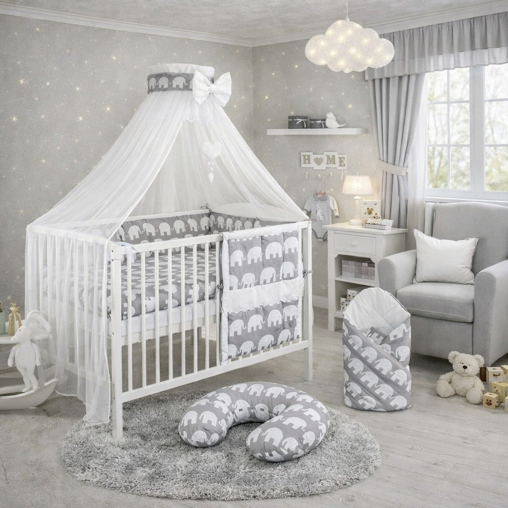 Baby Bedding Set Cotton Nursery 14 Piece To Fit Cot 120x60cm Elephants Grey