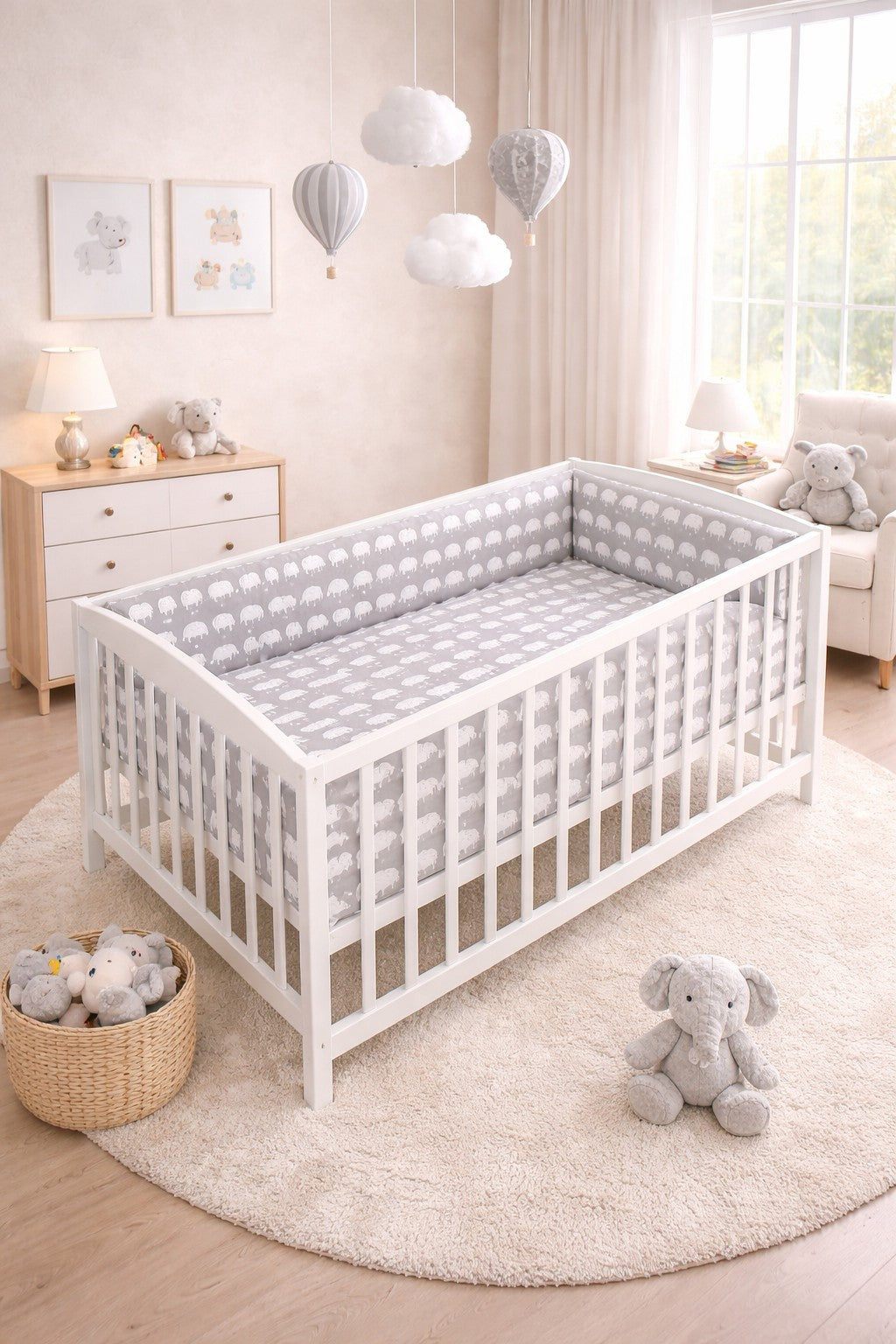 Baby Bedding Set 6pc All-round Bumper Fit Cot 120x60cm 100% Cotton Elephants Grey