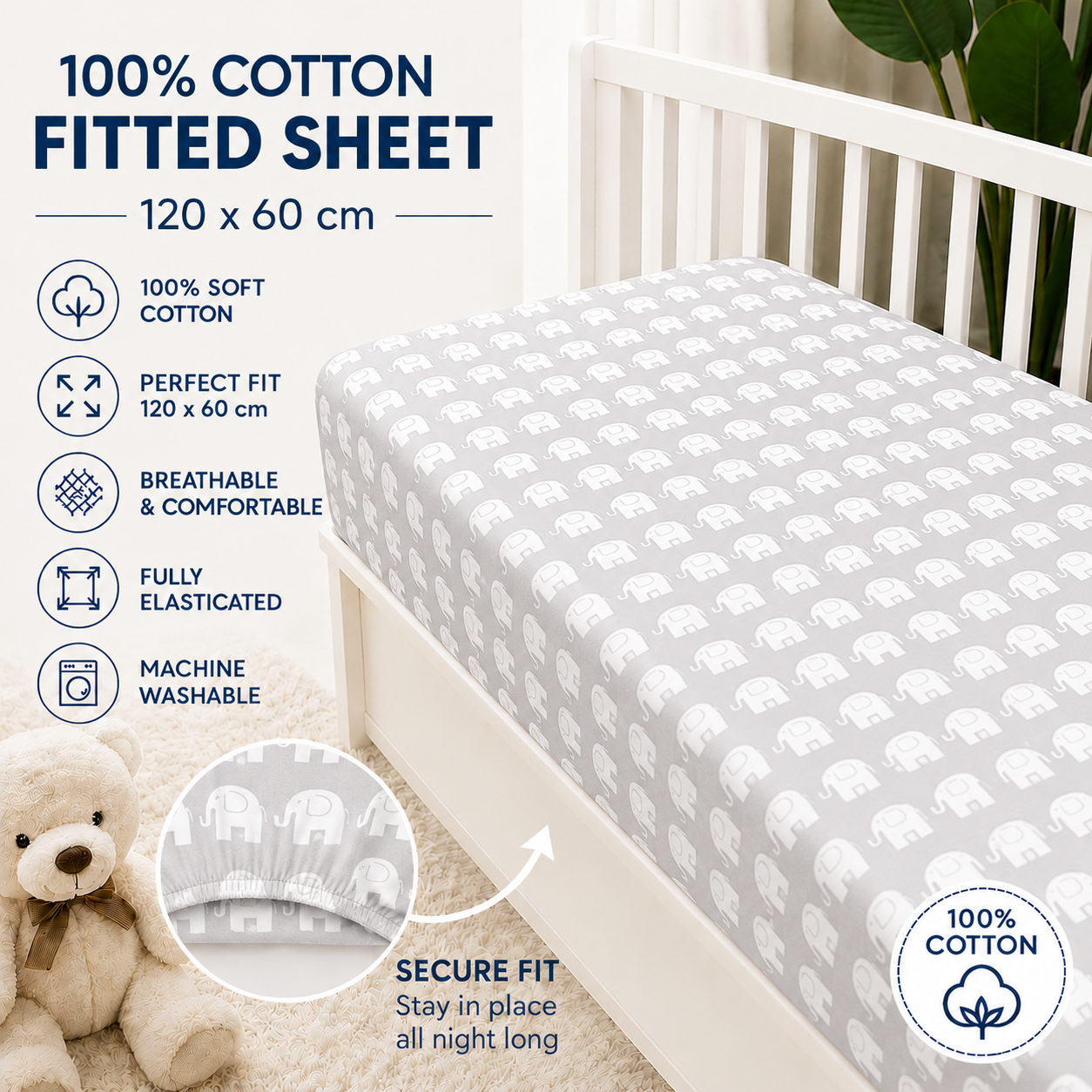 Baby Fitted Cot Sheet Printed Design 100% Cotton Mattress 120X60 cm Elephants Grey - MyHappy Baby