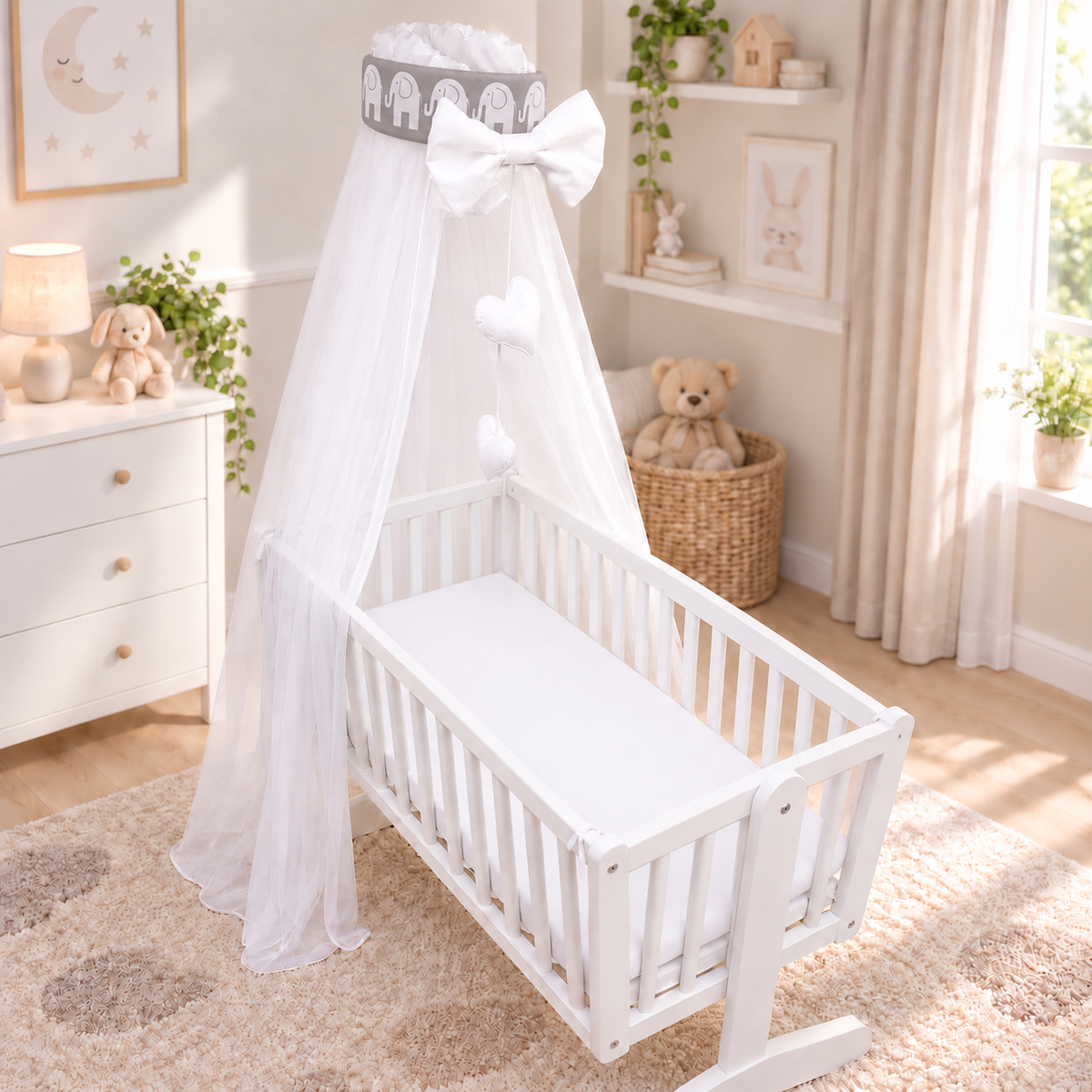 Baby Crib Canopy Mosquito Net with Holder, Decorative Bow & Hanging Hearts – Elephants on grey