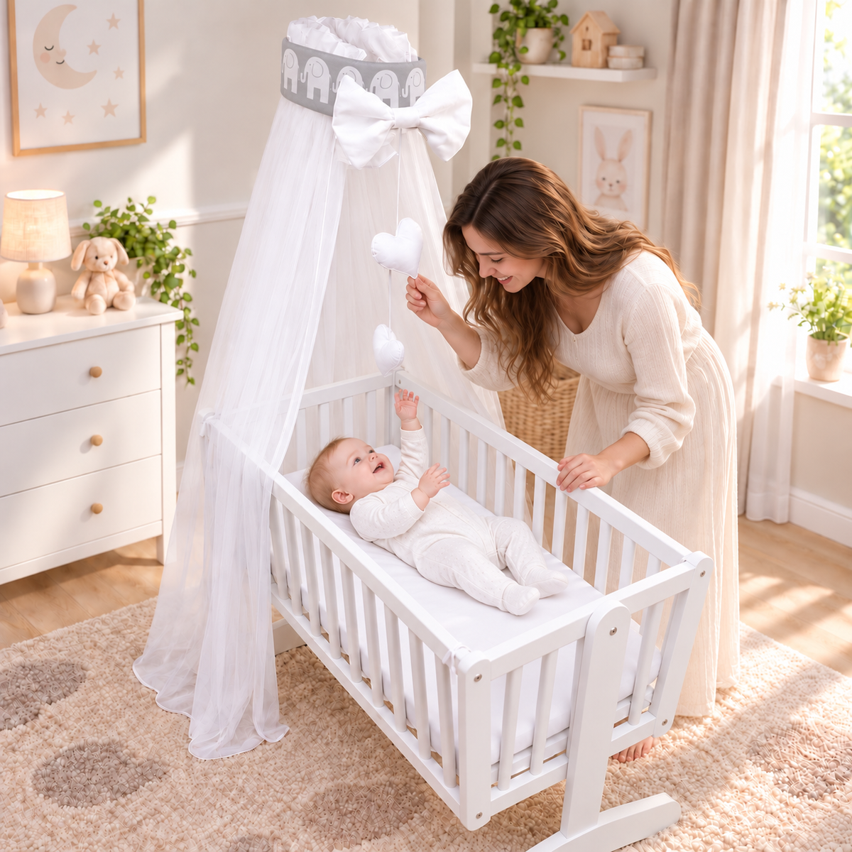 Baby Crib Canopy Mosquito Net with Holder, Decorative Bow & Hanging Hearts – Elephants on grey