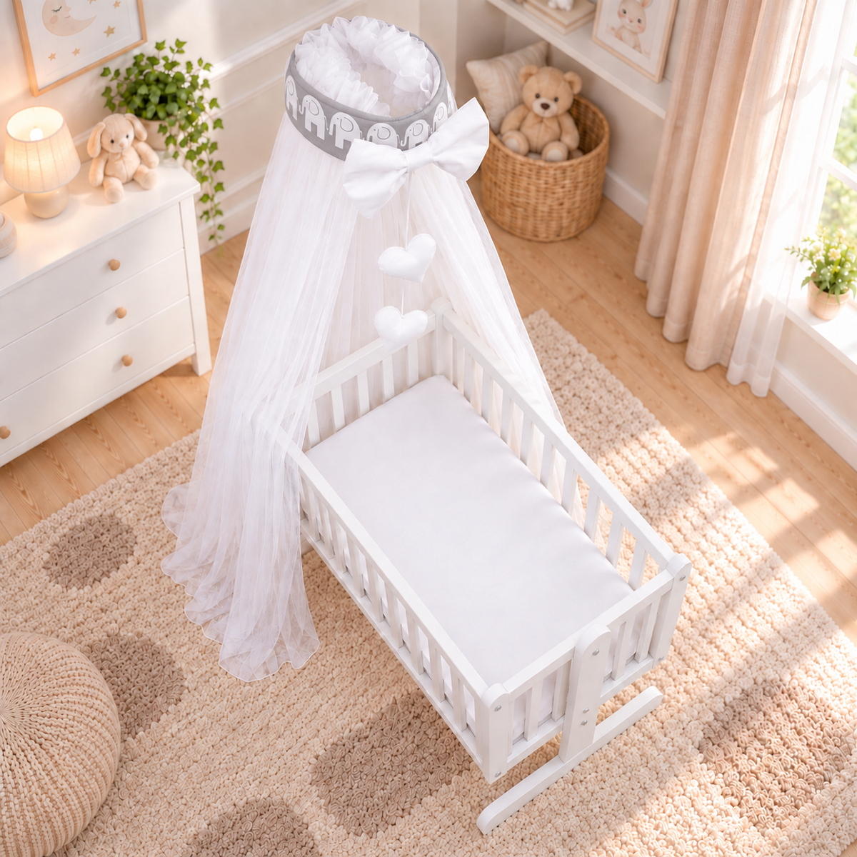 Baby Crib Canopy Mosquito Net with Holder, Decorative Bow & Hanging Hearts – Elephants on grey
