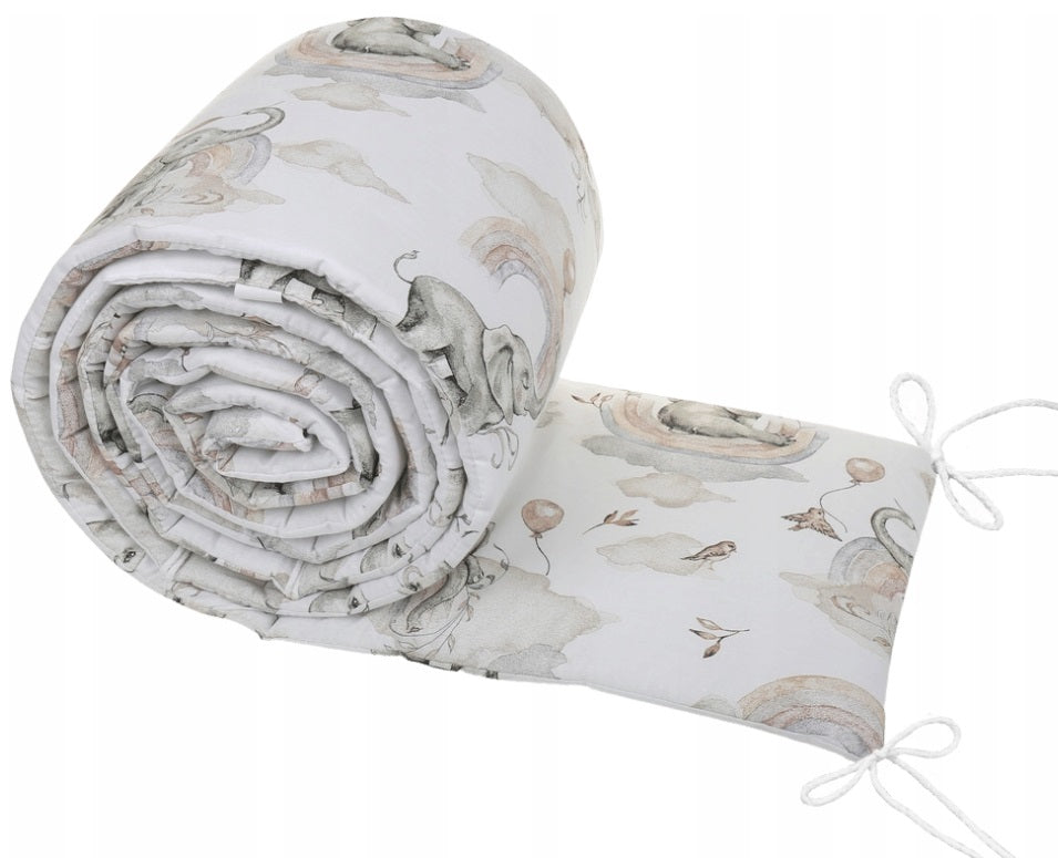 Padded baby bumper to fit cot 120x60 all around 100% cotton 360cm Elephant in the Cloud