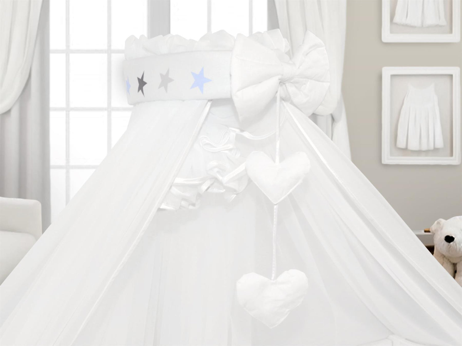 BABYMAM Canopy Mosquito Drape Dressing Net Holder Nursery to Fit Cot Bed Grey Blue Stars