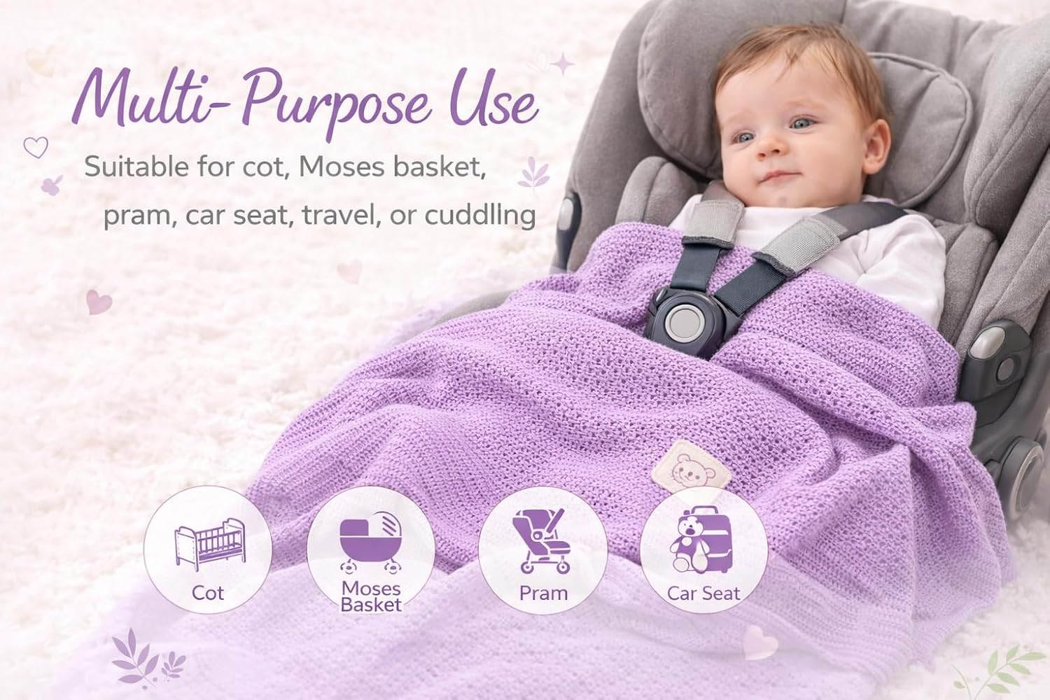 Cellular Baby Blanket 90x70 cm, Safe Nights, Organic 100% Cotton, Pack of 2, Breathable Newborn Blanket, Soft Nursery, Baby Bedding (Purple)