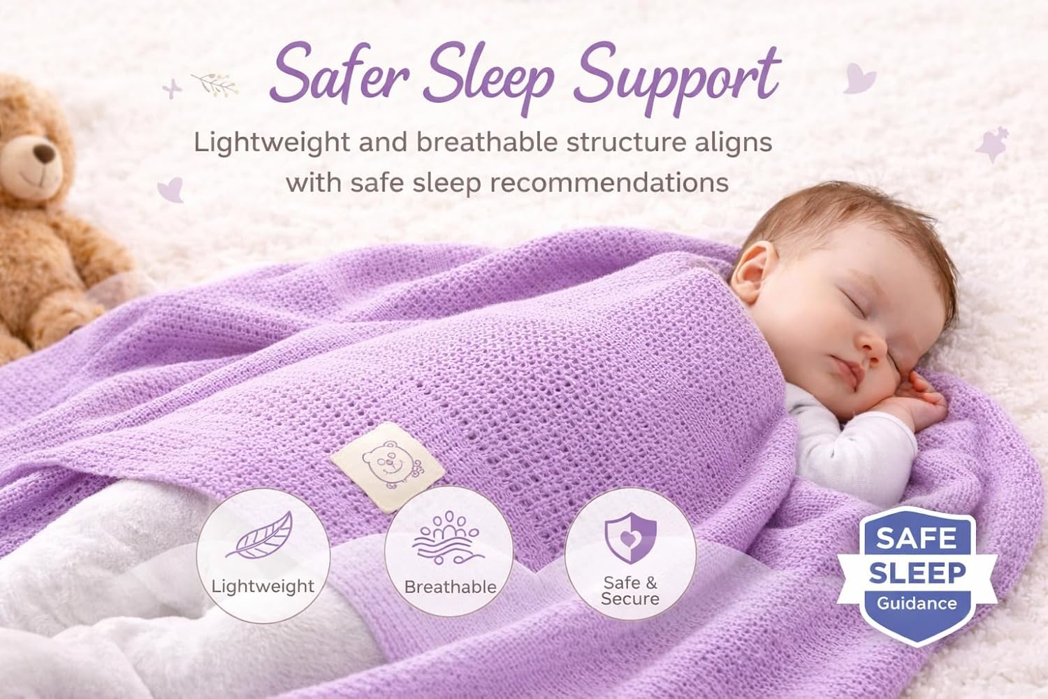 Cellular Baby Blanket 90x70 cm, Safe Nights, Organic 100% Cotton, Pack of 2, Breathable Newborn Blanket, Soft Nursery, Baby Bedding (Purple)