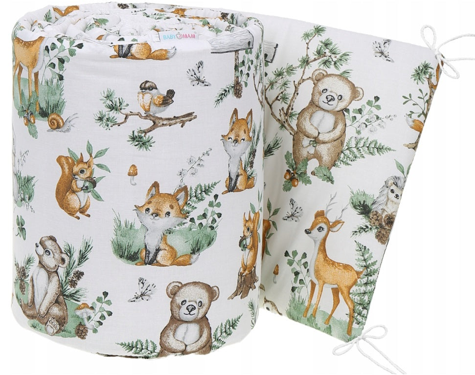 Padded baby bumper to fit cot 120x60 all around 100% cotton 360cm Animals in the Forest