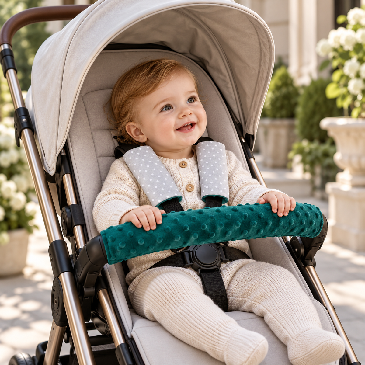3 Piece Soft Padded Reversible Pushchair Stroller Strap Pads & Bumper Bar Cover Set – Green/Dots