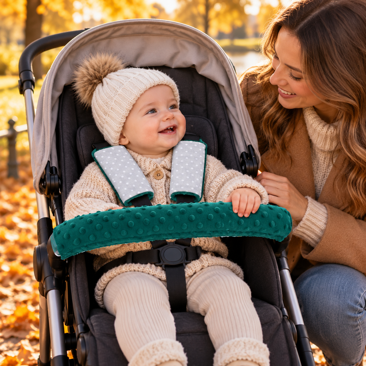 3 Piece Soft Padded Reversible Pushchair Stroller Strap Pads & Bumper Bar Cover Set – Green/Dots