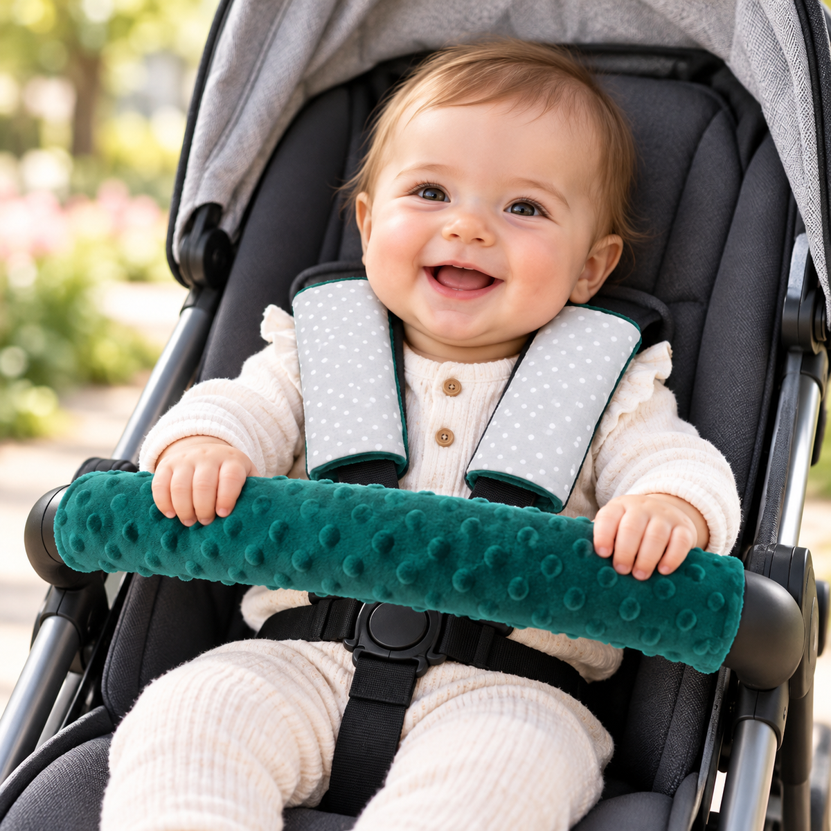 3 Piece Soft Padded Reversible Pushchair Stroller Strap Pads & Bumper Bar Cover Set – Green/Dots