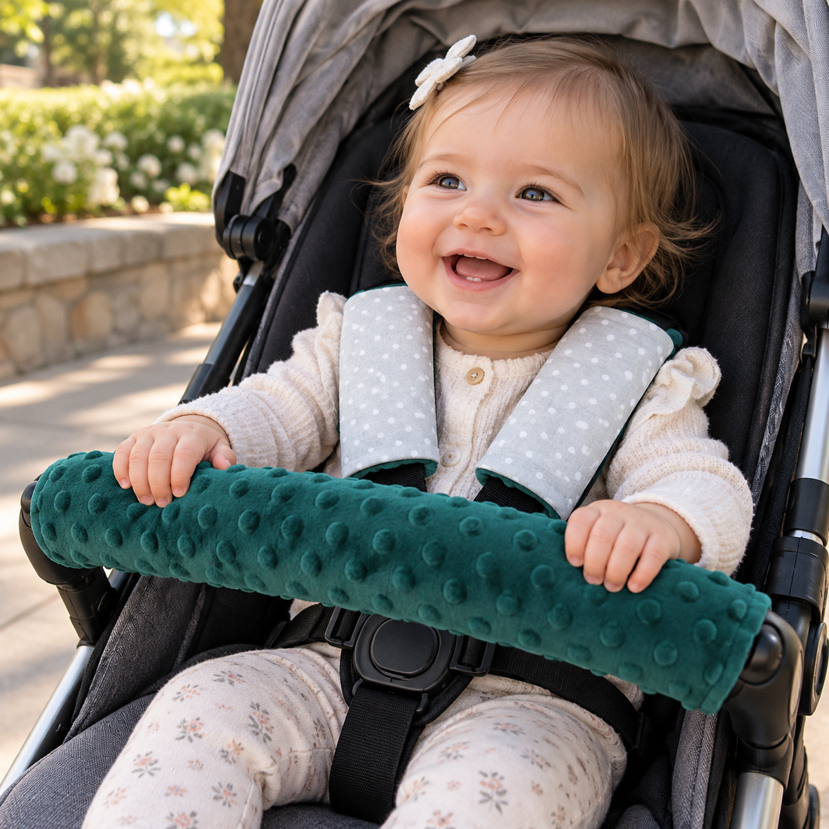 3 Piece Soft Padded Reversible Pushchair Stroller Strap Pads & Bumper Bar Cover Set – Green/Dots