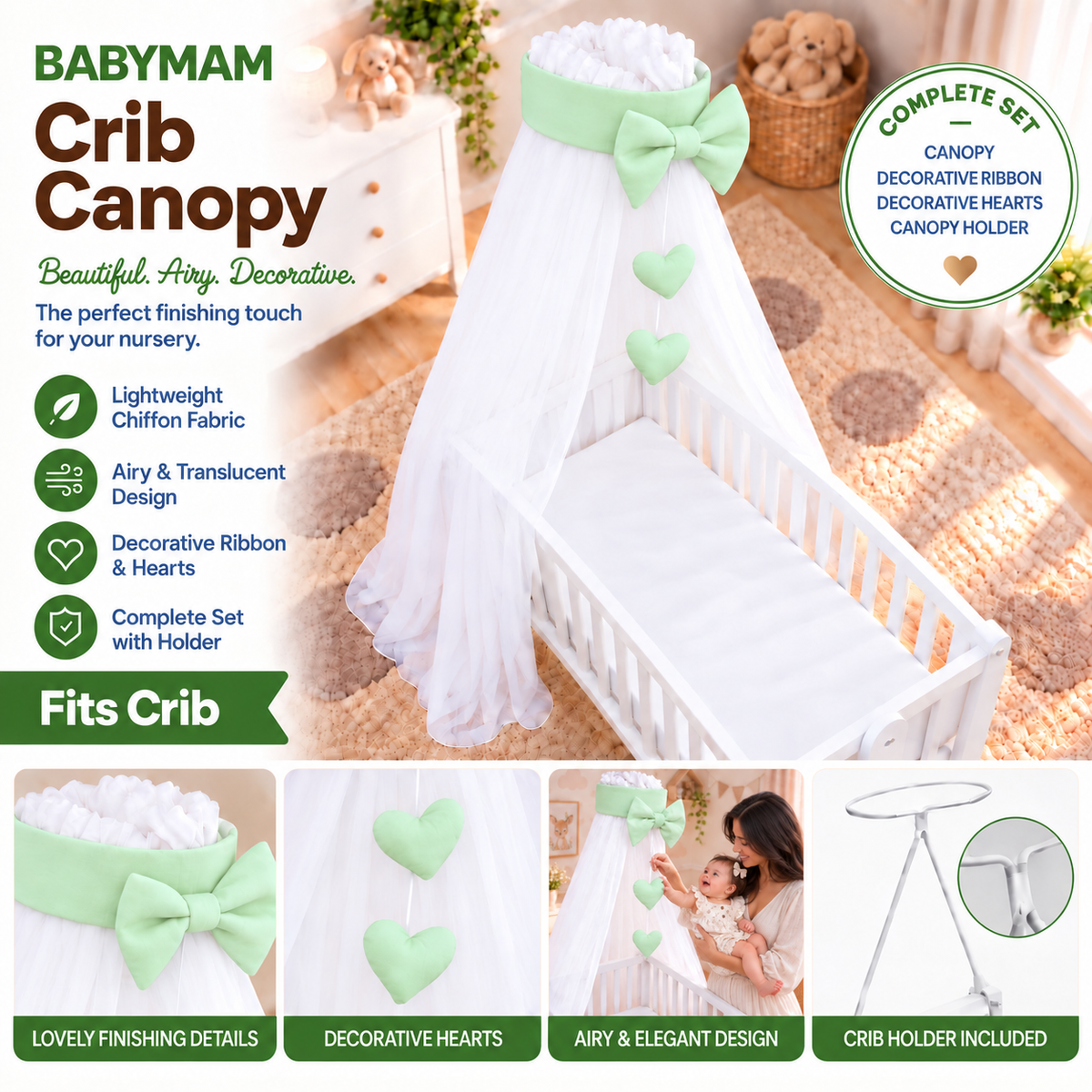 Baby Crib Canopy Mosquito Net with Holder, Decorative Bow & Hanging Hearts – Green