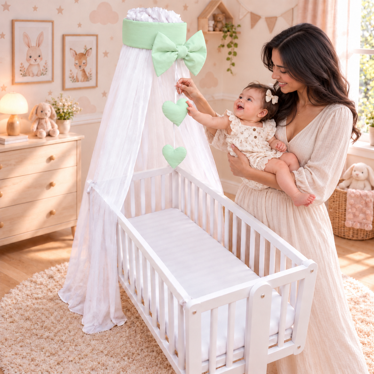 Baby Crib Canopy Mosquito Net with Holder, Decorative Bow & Hanging Hearts – Green