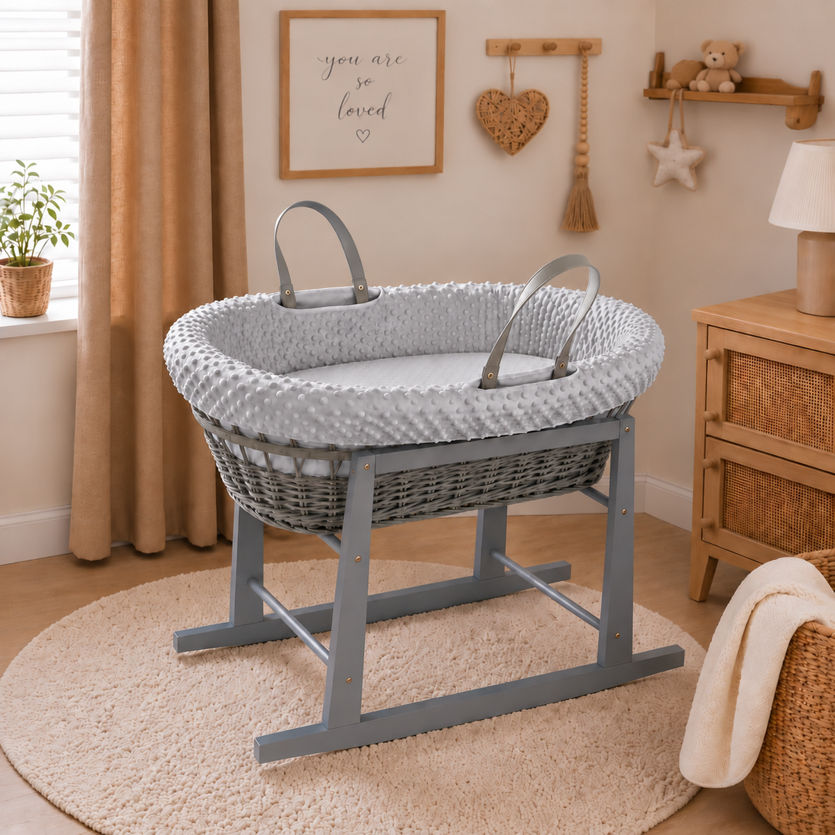Grey Wicker Moses Basket with Rocking Stand Complete 5-Piece Set (Grey)