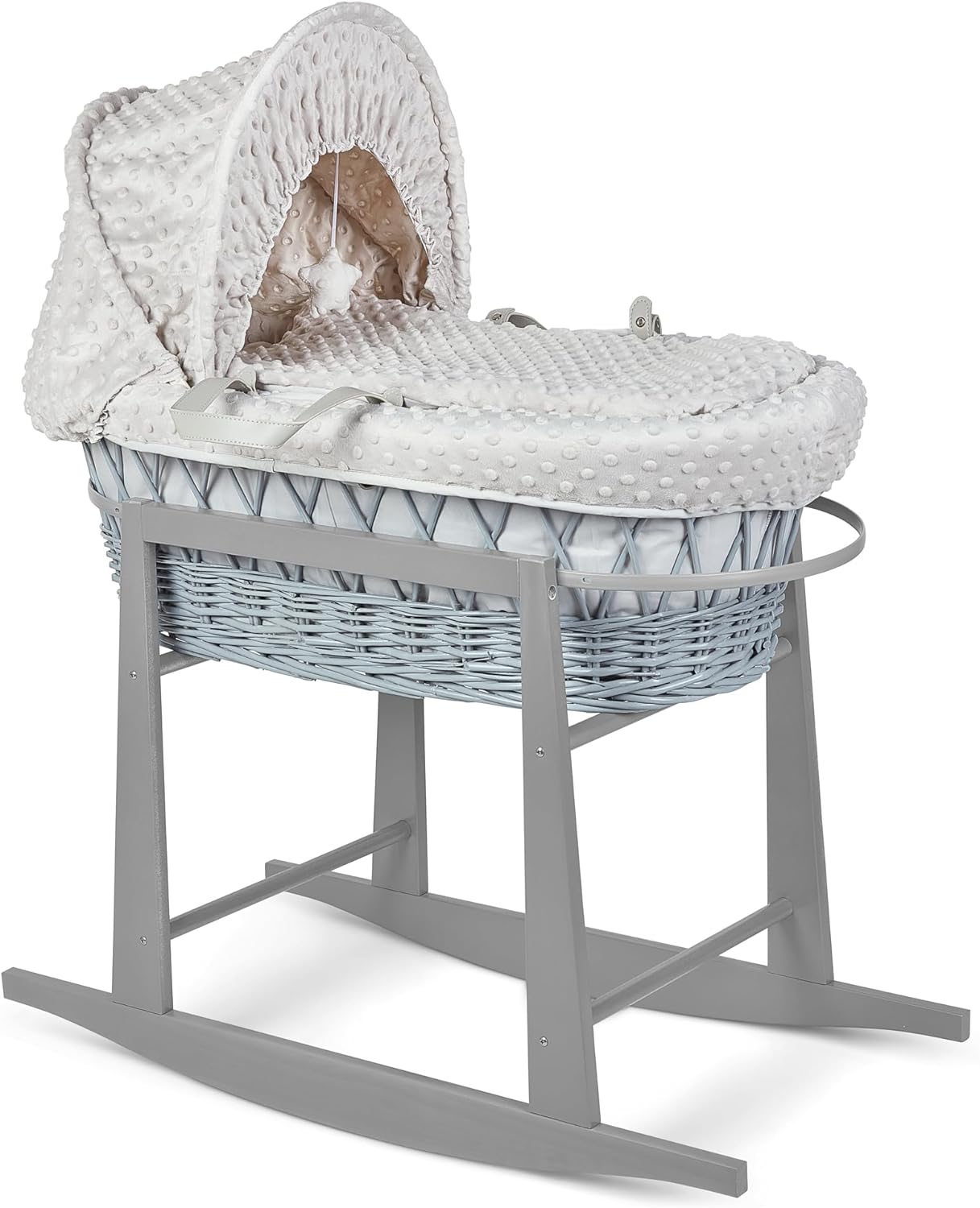 Luxury Moses Basket Padded Wicker Baby Full Set Rocking Grey Handle/Grey