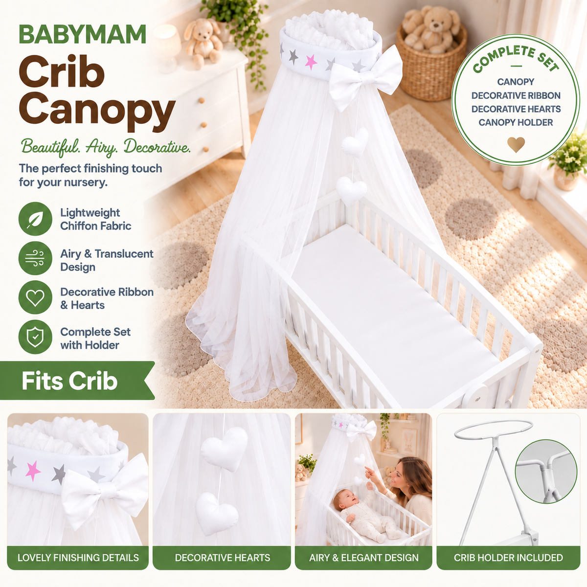 Baby Crib Canopy Mosquito Net with Holder, Decorative Bow & Hanging Hearts – Grey Pink Stars