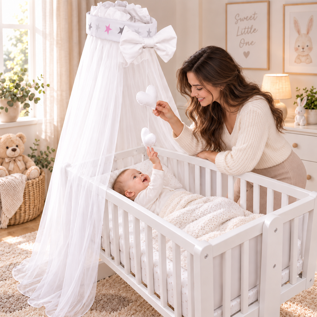 Baby Crib Canopy Mosquito Net with Holder, Decorative Bow & Hanging Hearts – Grey Pink Stars