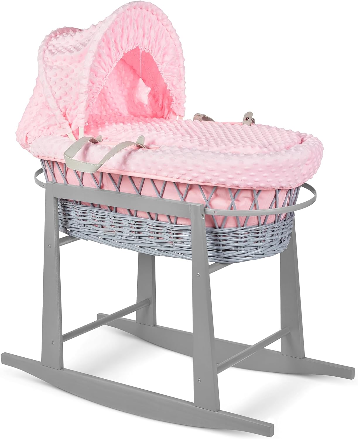 Luxury Moses Basket Padded Wicker Baby Full Set Rocking Stand Grey Handle/Pink