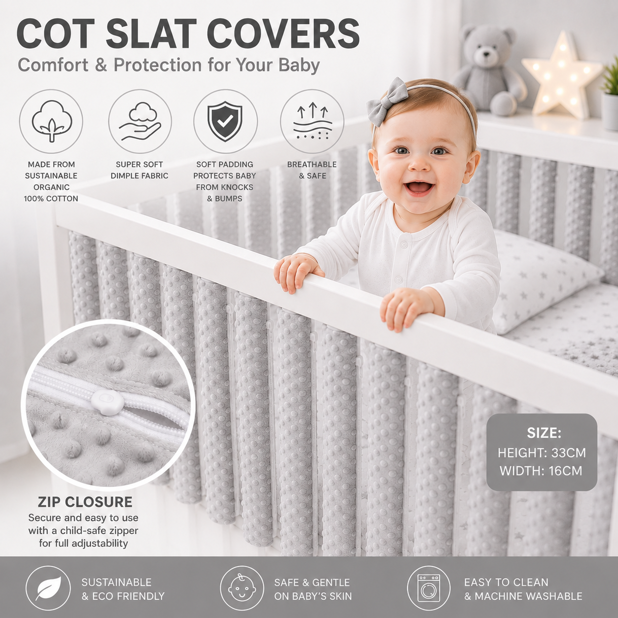Double-sided Rail Cot Slat Cover Wrap Grey 10Pc