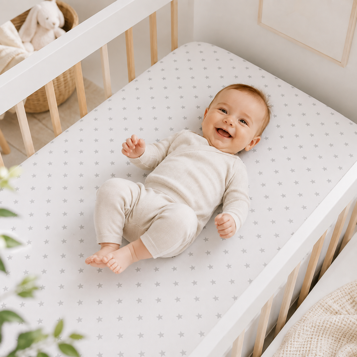 BABYMAM 4 Pack Cot Fitted Sheets 120x60 cm, 100% Organic Jersey Cotton Baby Cot Sheets, Soft Breathable Baby Bedding, Elasticated Mattress Covers (Small Stars with White)