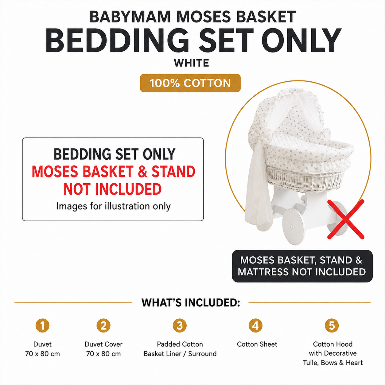 Baby Full Bedding Set With Hood To Fit Wicker Moses Basket Cotton Small Grey Stars - MyHappy Baby