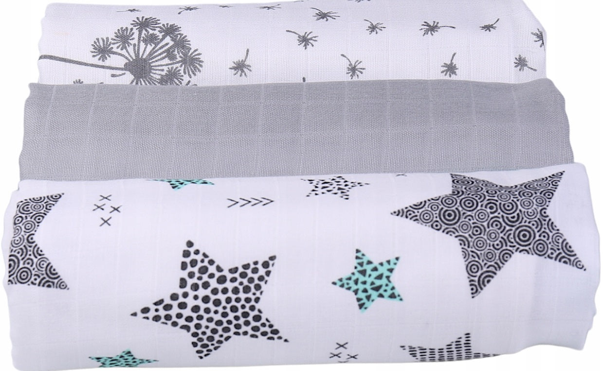 Baby Muslin Nappies Cloth Diaper 100% Cotton 3-Pack Colourful 70x80cm Stardust