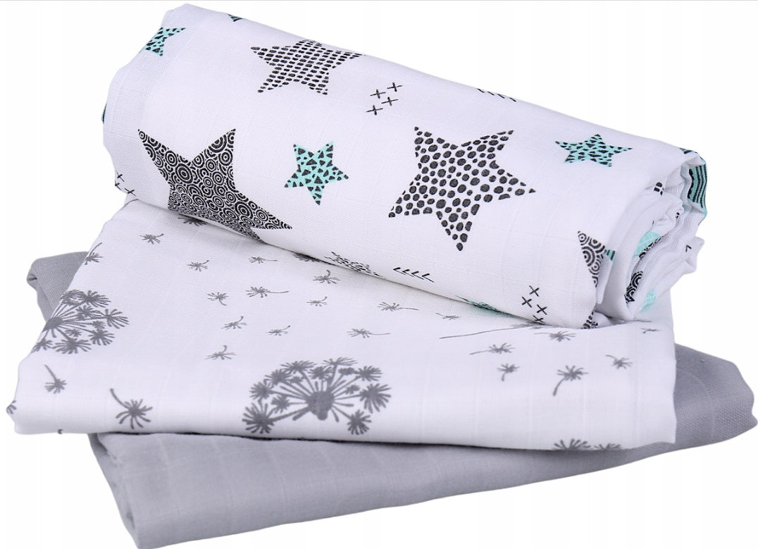Baby Muslin Nappies Cloth Diaper 100% Cotton 3-Pack Colourful 70x80cm Stardust